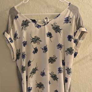 Elegant Floral Women's Blouse in Blue and Gray
